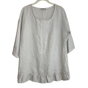 Lungo L'Arno Womens Linen Tunic Size Medium Sand 3/4 Sleeve Ruffled Hem Italy